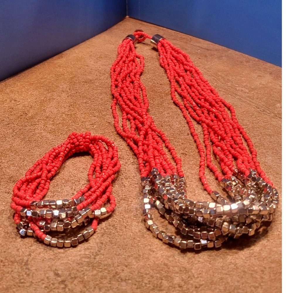 Vintage Multi Strand Beaded Necklace Bracelet Red Silver Statement Jewelry
